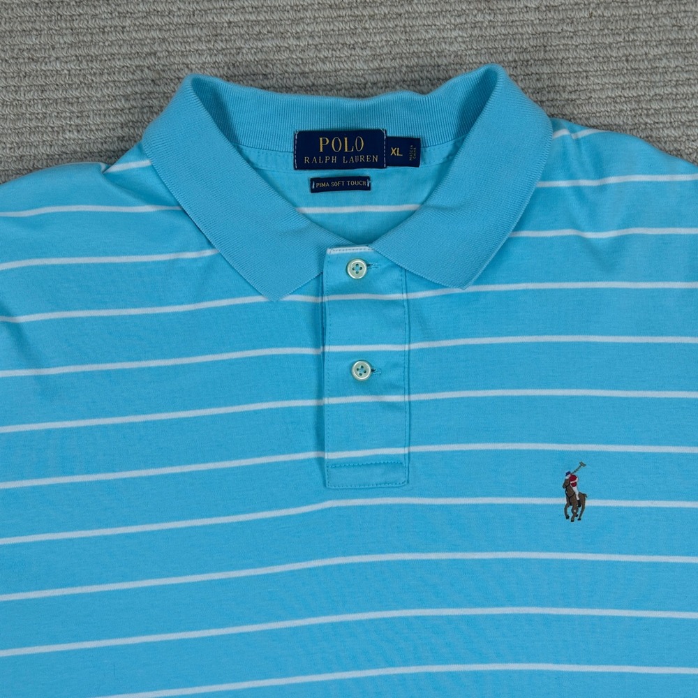Polo Ralph Lauren Polo Shirt Mens XL Blue‎ Striped Flesh Pony Pima Cotton Soft